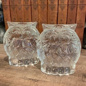 Pair of beautiful clear glass owl long candle holders, 3” x 3”